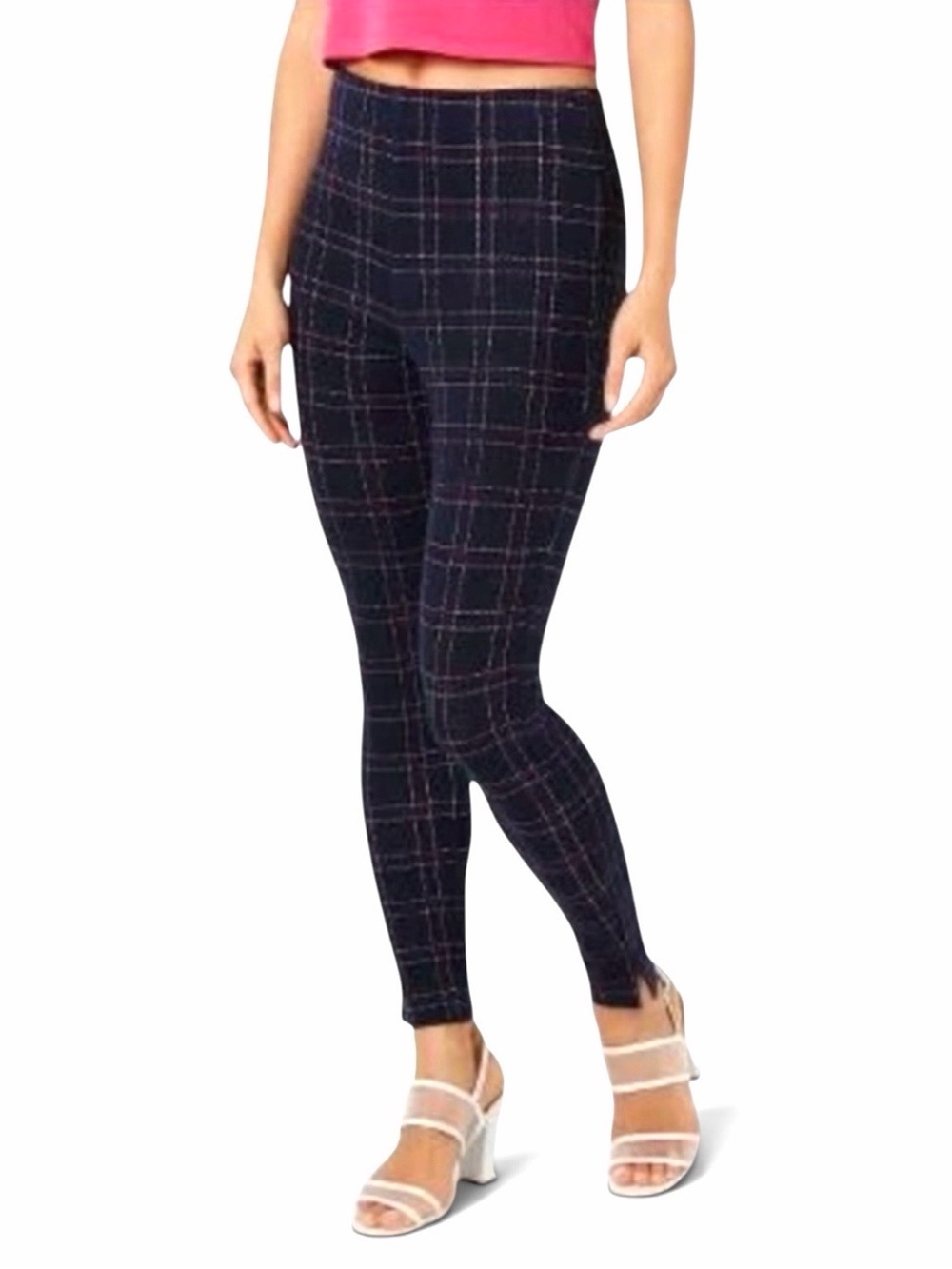 HUE Navy Blue Plaid Ponte Leggings Windowpane Split Hem Ankle Pants Workwear L